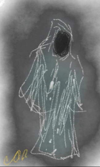 A spooky monk illustration drawn by CJ, looming with eerie shadows